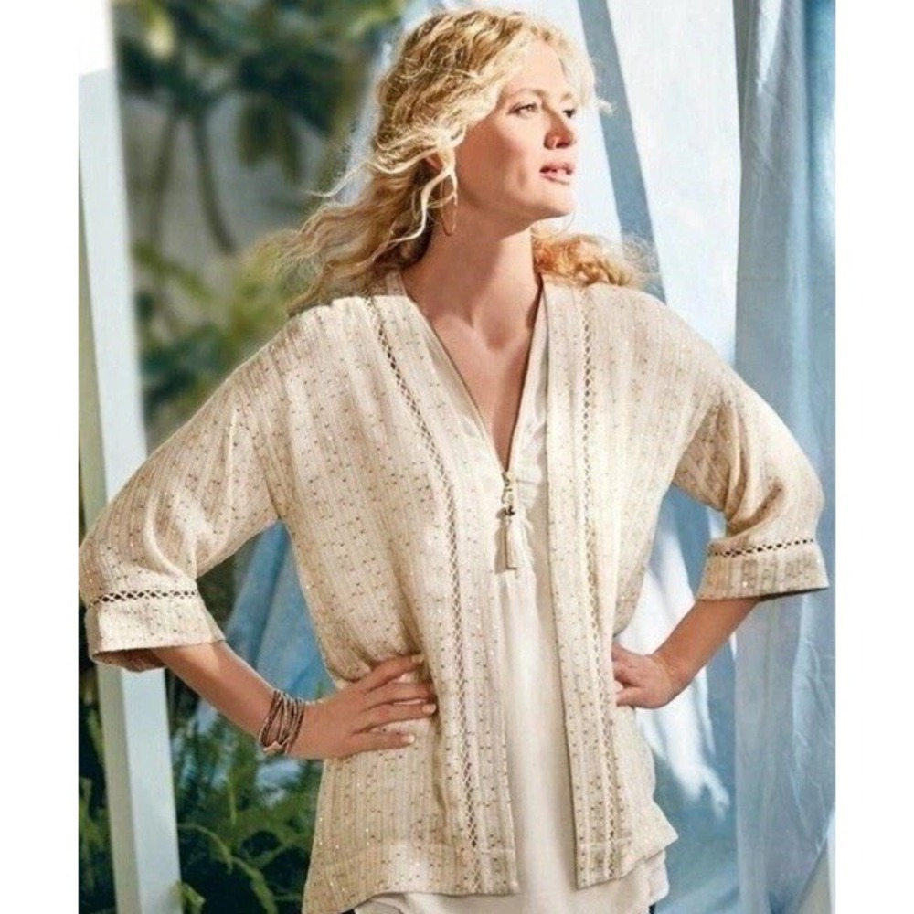 Soft Surroundings Size L Kimono Cardigan Jacket Sequin Fairy Boho Gold Festival